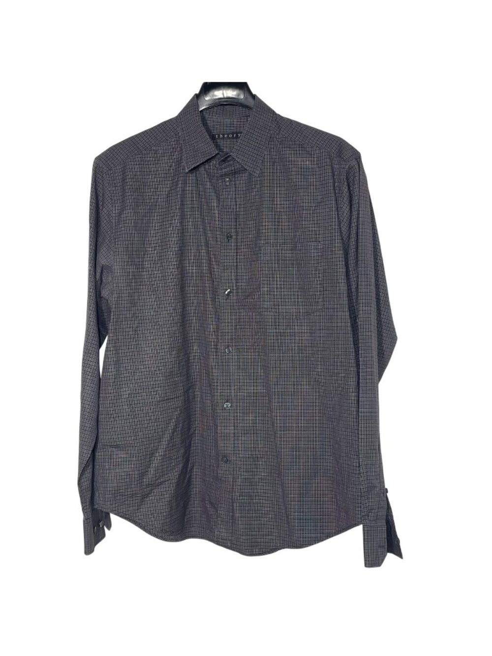 Theory Kyson Micro Checked Button Down Cotton Dress Shirt Purple Black Sz LG